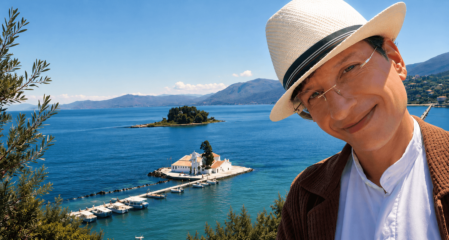 Nick in Corfu overlooking the sea, representing Greek ancestral fasting and freedom.